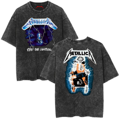 Metallica rock band heavy metal distressed washed American retro wax printed men's loose short sleeved T-shirt (13)