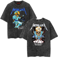Metallica rock band heavy metal distressed washed American retro wax printed men's loose short sleeved T-shirt (10)