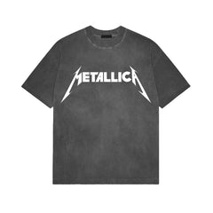 Metallica rock band heavy metal distressed washed American retro wax printed men's loose short sleeved T-shirt (29)