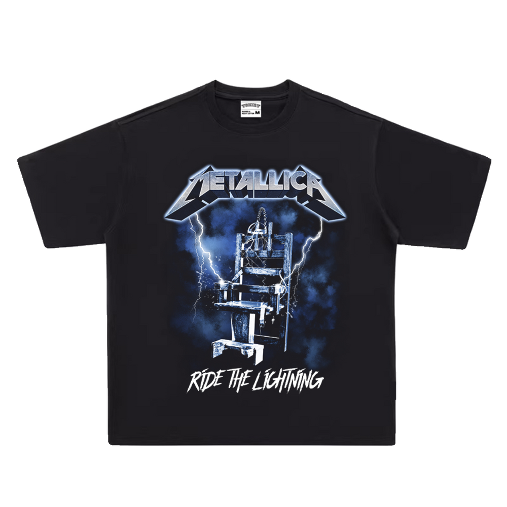 Metallica Band Rock T-shirt Heavy Metal Lightning Print Heavy Cotton Washed Old High Street Trendy Loose