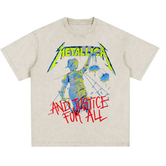 Metallica rock band heavy metal distressed washed American retro wax printed men's loose short sleeved T-shirt (23)