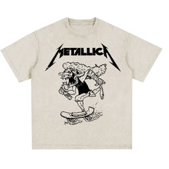 Metallica rock band heavy metal distressed washed American retro wax printed men's loose short sleeved T-shirt (24)