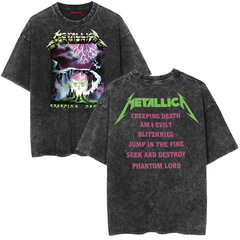 Metallica rock band heavy metal distressed washed American retro wax printed men's loose short sleeved T-shirt (11)