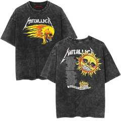 Metallica rock band heavy metal distressed washed American retro wax printed men's loose short sleeved T-shirt (12)