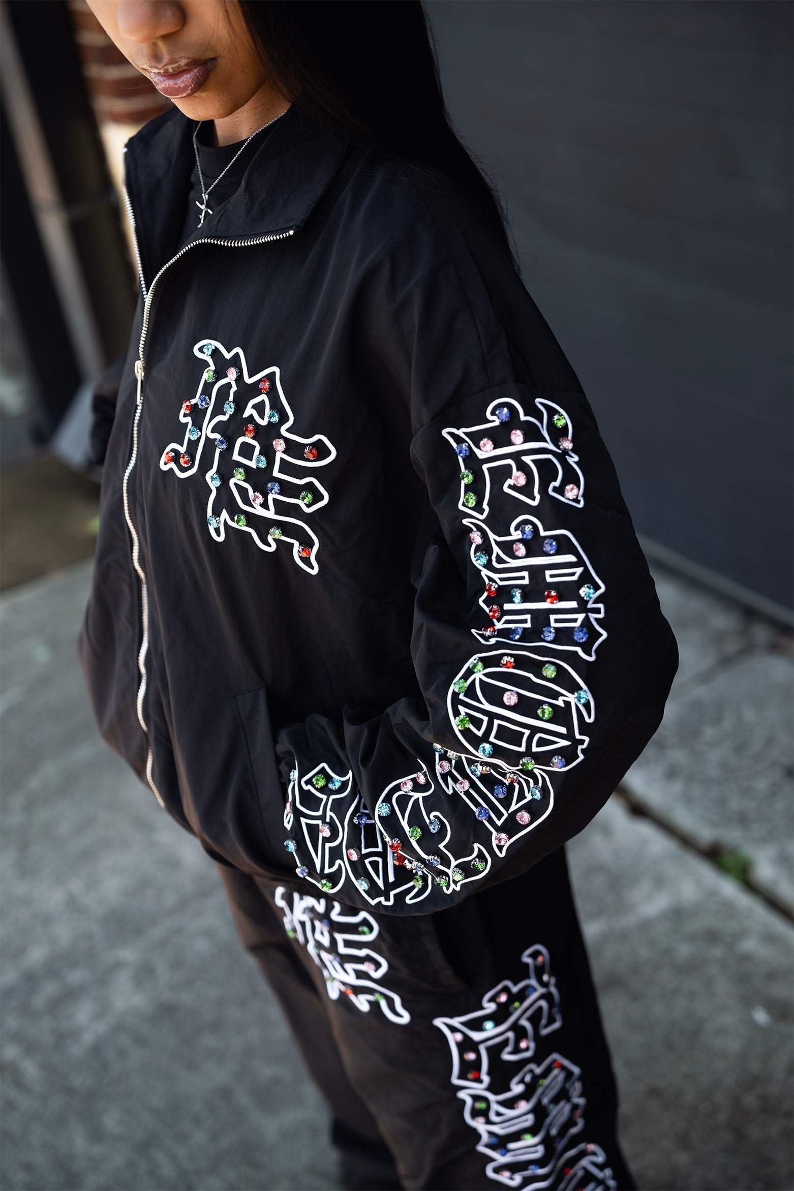 Mixed Emotion “ME” Rhinestone Nylon Jacket