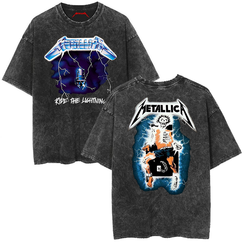 Metallica rock band heavy metal distressed washed American retro wax printed men's loose short sleeved T-shirt (13)