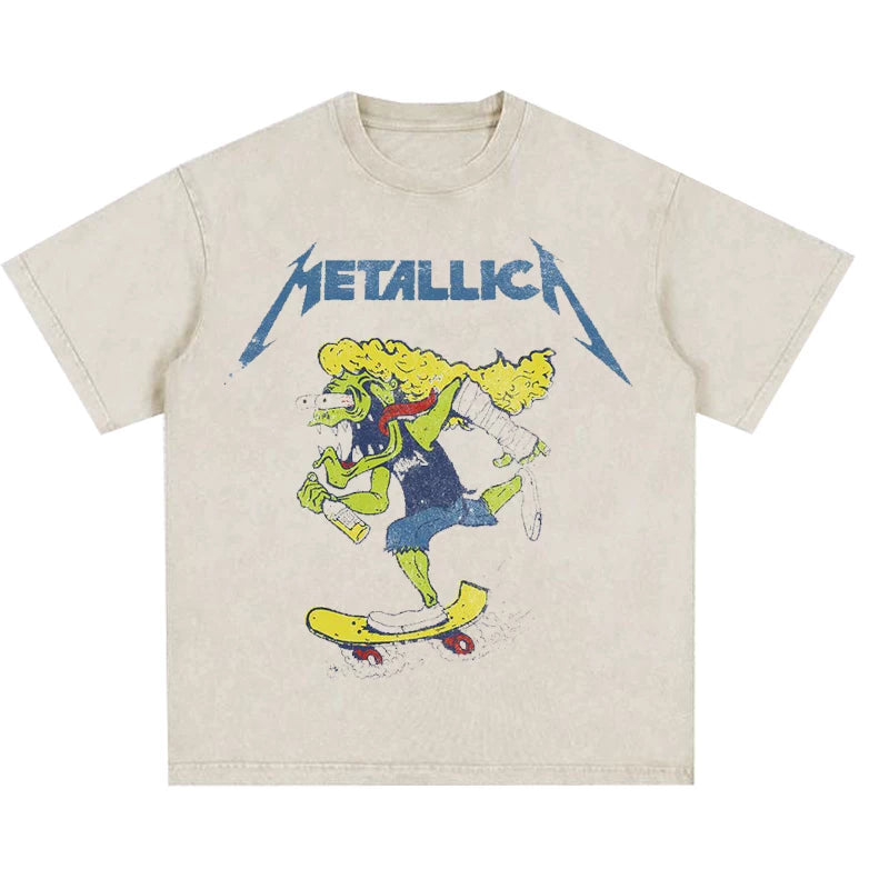 Metallica rock band heavy metal distressed washed American retro wax printed men's loose short sleeved T-shirt (25)