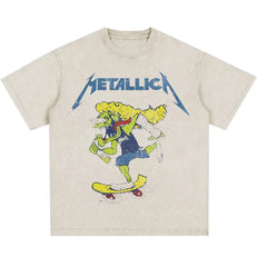 Metallica rock band heavy metal distressed washed American retro wax printed men's loose short sleeved T-shirt (25)