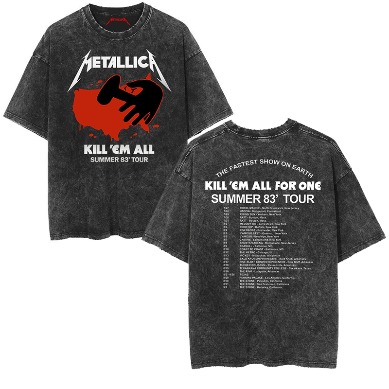 Metallica rock band heavy metal distressed washed American retro wax printed men's loose short sleeved T-shirt (8)