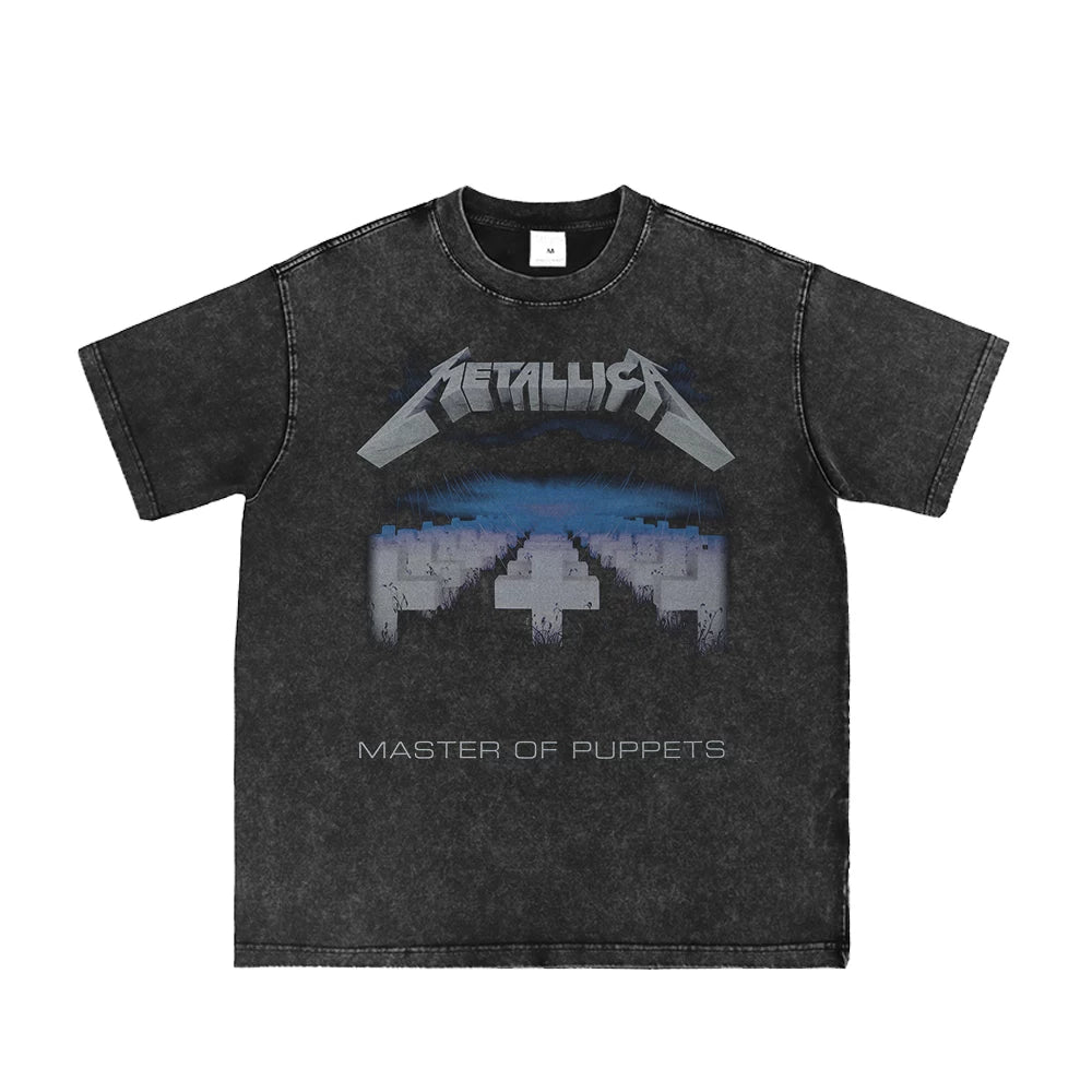 Metallica Direct Spray Washed Old Grey Rock Band Retro American Street Punk Loose Short Sleeve T-shirt