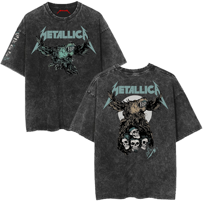 Metallica rock band heavy metal distressed washed American retro wax printed men's loose short sleeved T-shirt (6)