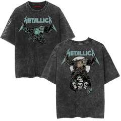 Metallica rock band heavy metal distressed washed American retro wax printed men's loose short sleeved T-shirt (6)