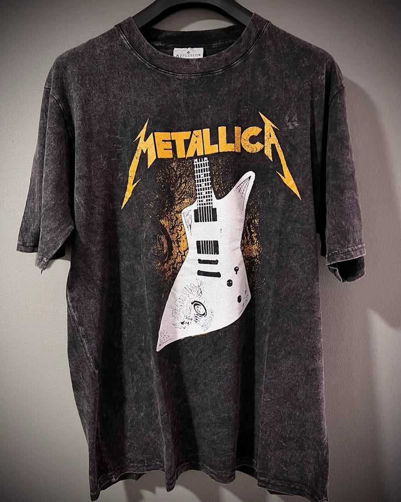 Metallica rock band heavy metal distressed washed American retro wax printed men's loose short sleeved T-shirt (28)