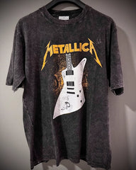 Metallica rock band heavy metal distressed washed American retro wax printed men's loose short sleeved T-shirt (28)