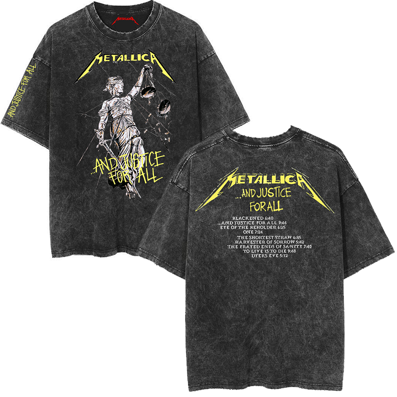 Metallica rock band heavy metal distressed washed American retro wax printed men's loose short sleeved T-shirt (4)