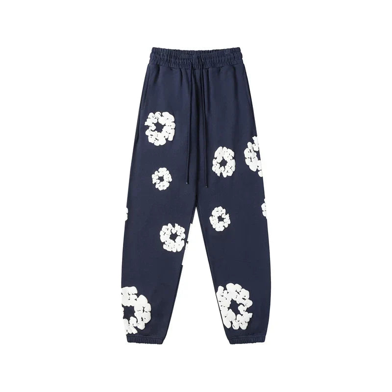 Denim Tears Cotton Wreath Graphic Sweatpants - Navy Blue / Relaxed Streetwear Fit