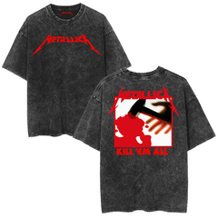 Metallica rock band heavy metal distressed washed American retro wax printed men's loose short sleeved T-shirt (7)