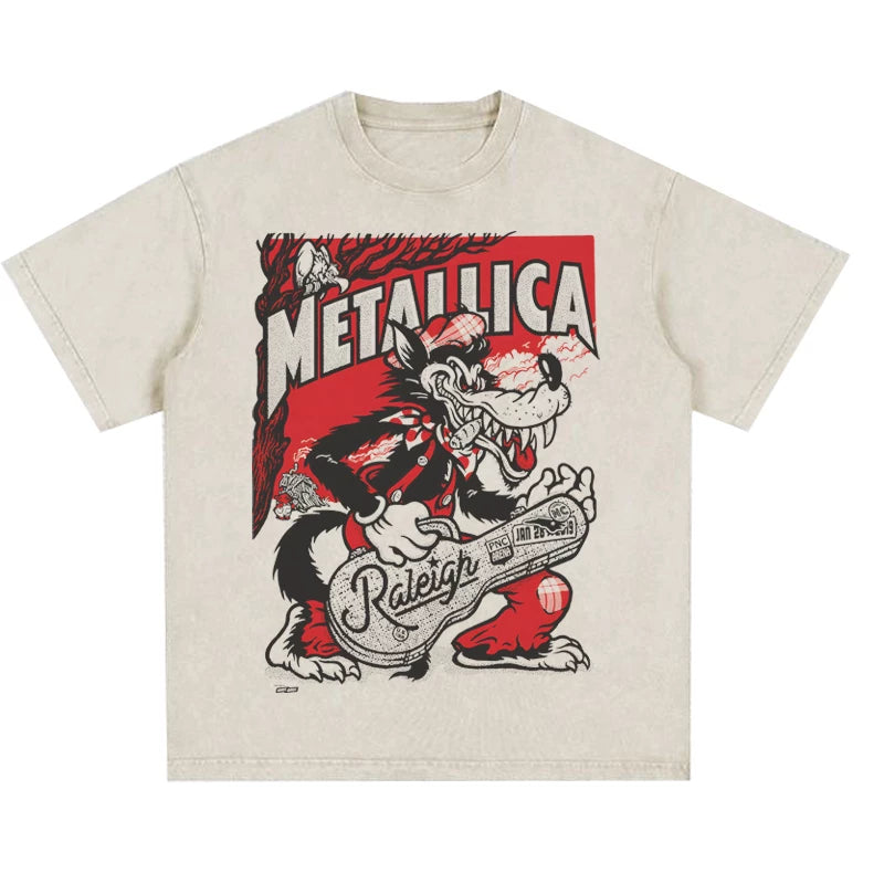 Metallica rock band heavy metal distressed washed American retro wax printed men's loose short sleeved T-shirt (27)