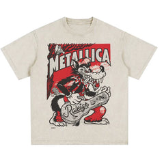 Metallica rock band heavy metal distressed washed American retro wax printed men's loose short sleeved T-shirt (27)