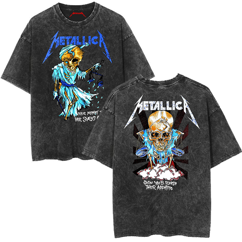 Metallica rock band heavy metal distressed washed American retro wax printed men's loose short sleeved T-shirt (10)