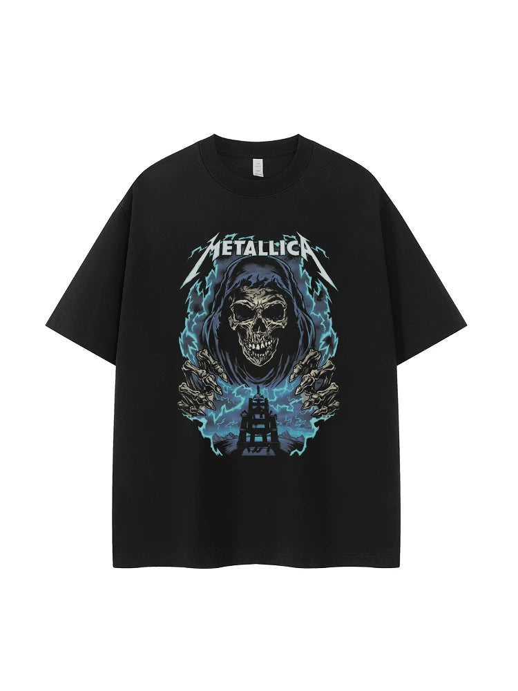 Metallica metal band retro American street dark skeleton shoulder loose cotton rock short sleeved T-shirt