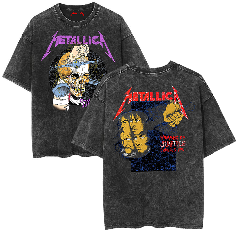 Metallica rock band heavy metal distressed washed American retro wax printed men's loose short sleeved T-shirt (21)