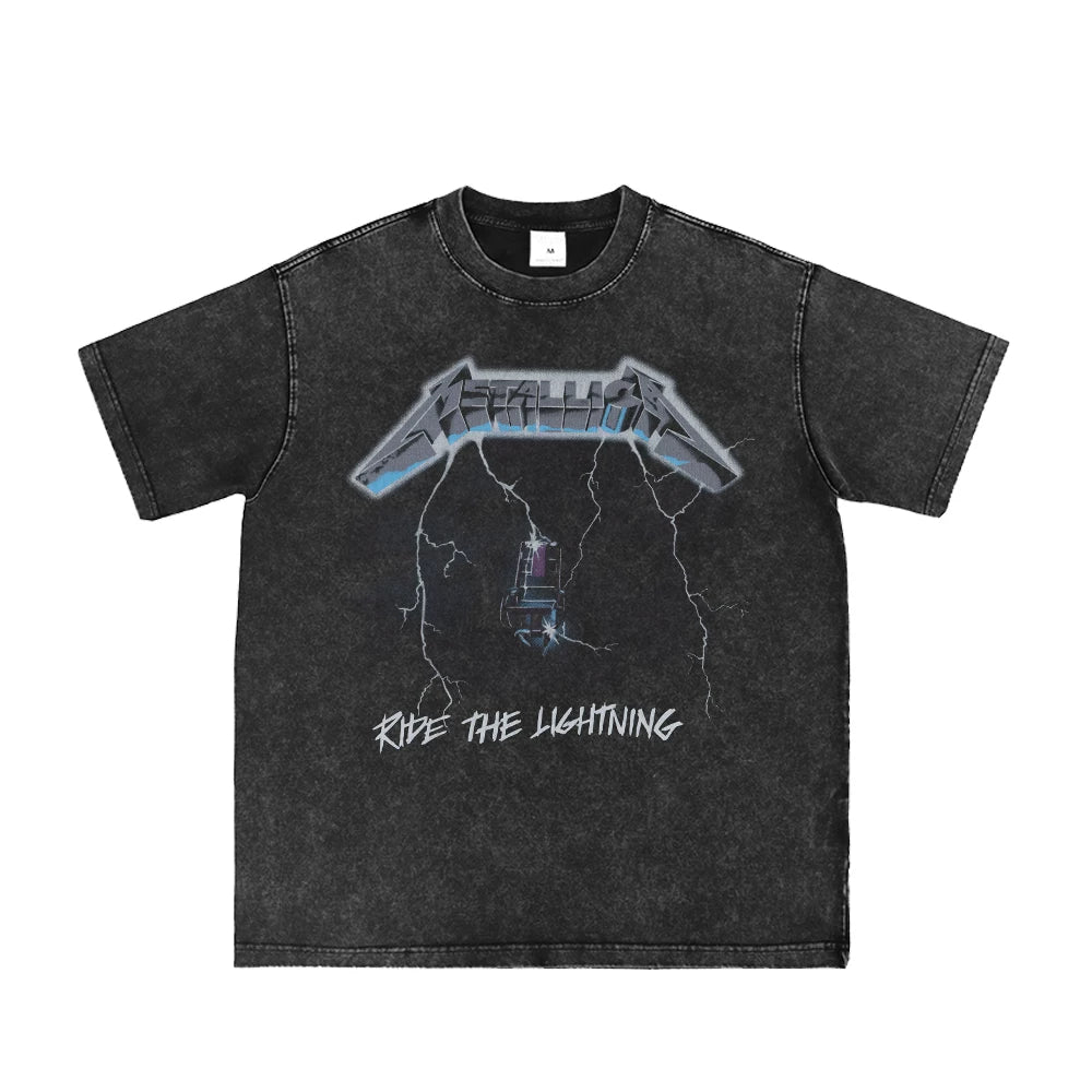 Metallica Direct Spray Washed Old Grey Rock Band Retro American Street Punk Loose Short Sleeve T-shirt