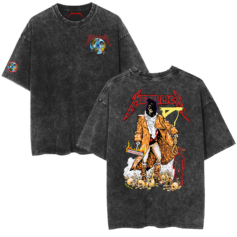 Metallica rock band heavy metal distressed washed American retro wax printed men's loose short sleeved T-shirt (20)