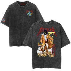 Metallica rock band heavy metal distressed washed American retro wax printed men's loose short sleeved T-shirt (20)