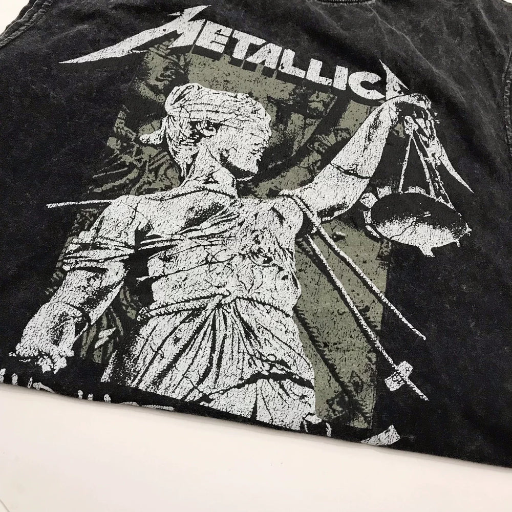 欧美单男式无袖T恤砍袖背心透气印花Metallica金属摇滚乐队做旧