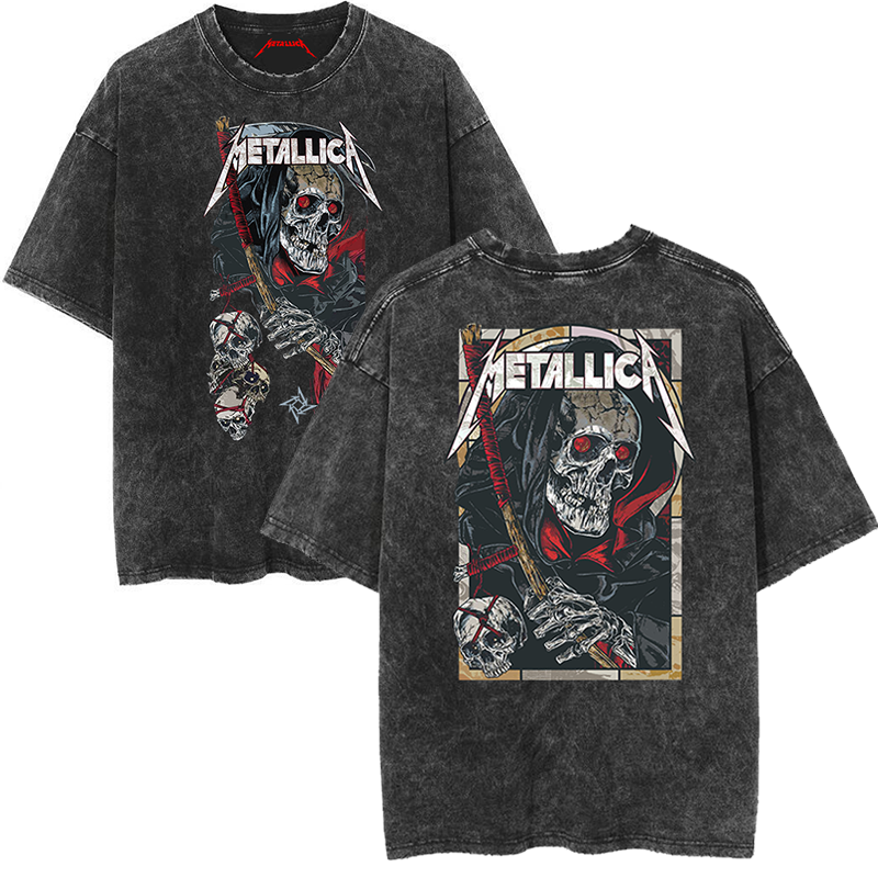 Metallica rock band heavy metal distressed washed American retro wax printed men's loose short sleeved T-shirt (18)