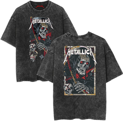 Metallica rock band heavy metal distressed washed American retro wax printed men's loose short sleeved T-shirt (18)