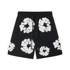 Denim Tears Cotton Wreath Graphic Shorts - Black / Relaxed Streetwear Fit