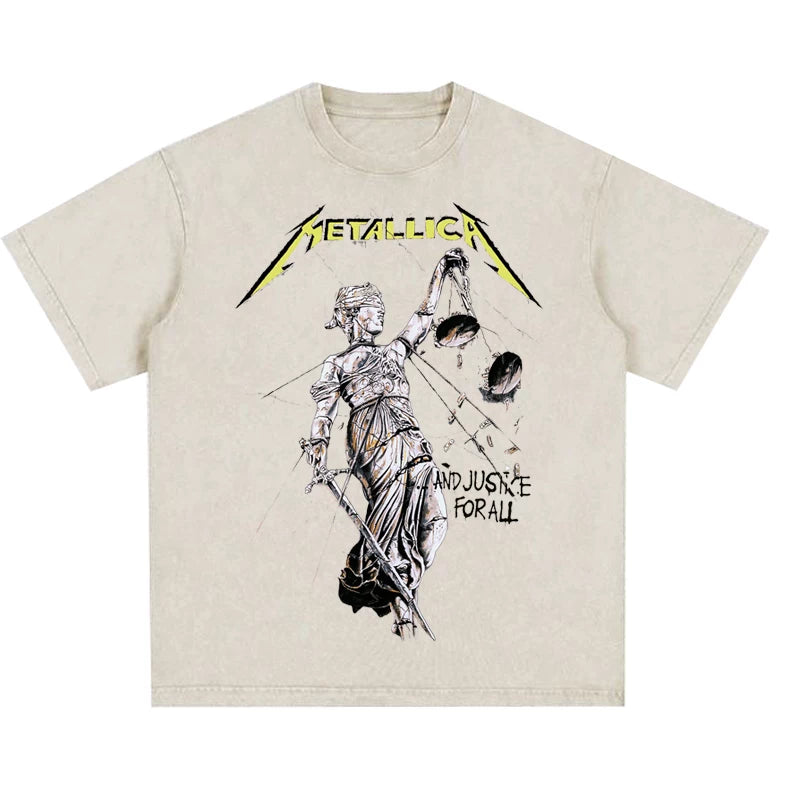 Metallica rock band heavy metal distressed washed American retro wax printed men's loose short sleeved T-shirt (22)