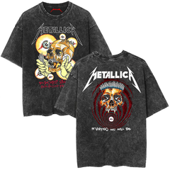 Metallica rock band heavy metal distressed washed American retro wax printed men's loose short sleeved T-shirt (15)
