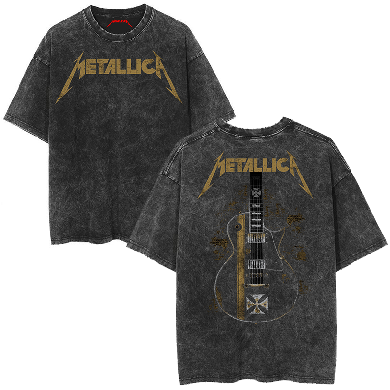 Metallica rock band heavy metal distressed washed American retro wax printed men's loose short sleeved T-shirt (1)
