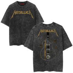 Metallica rock band heavy metal distressed washed American retro wax printed men's loose short sleeved T-shirt (1)