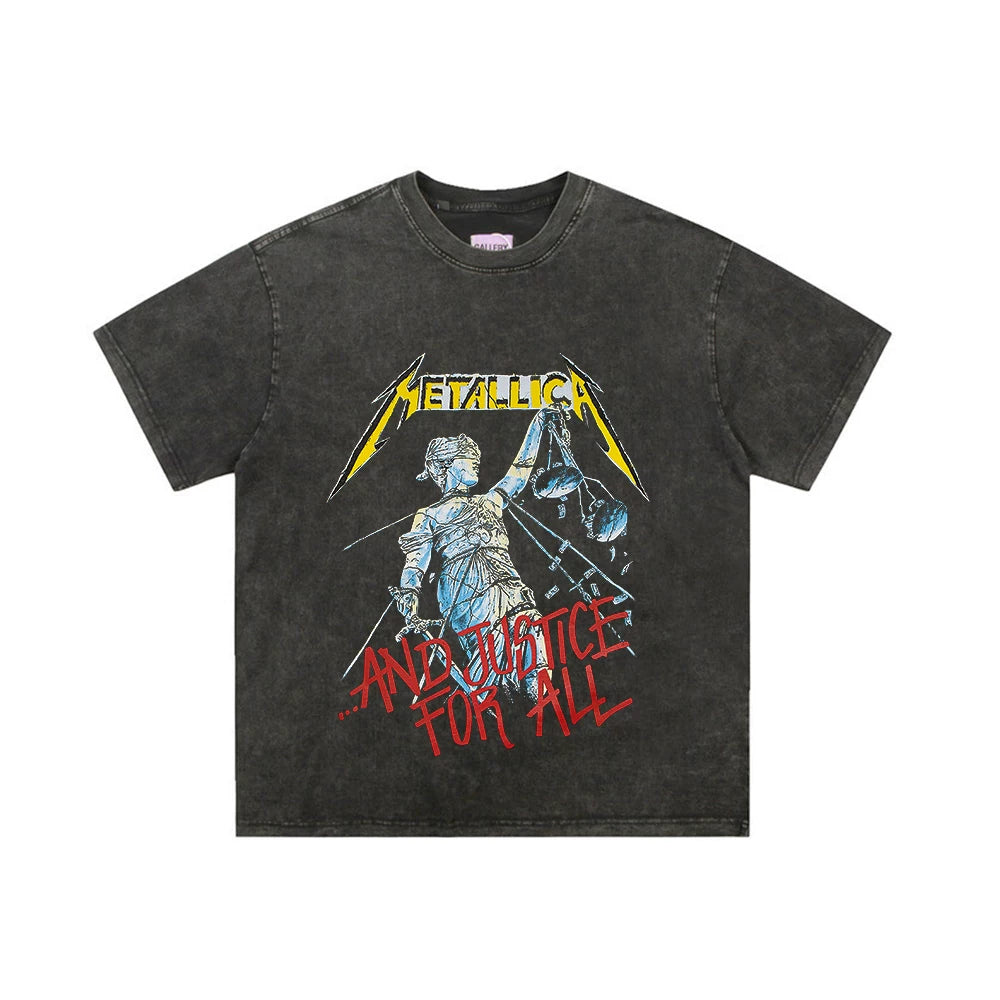 Washed vintage T-shirt metallica metal band American retro short sleeved rock round neck couple pure cotton