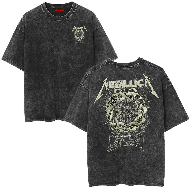 Metallica rock band heavy metal distressed washed American retro wax printed men's loose short sleeved T-shirt (3)