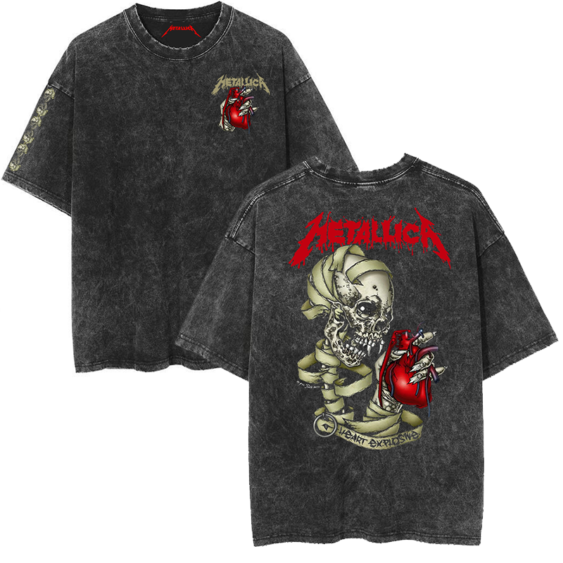 Metallica rock band heavy metal distressed washed American retro wax printed men's loose short sleeved T-shirt (16)