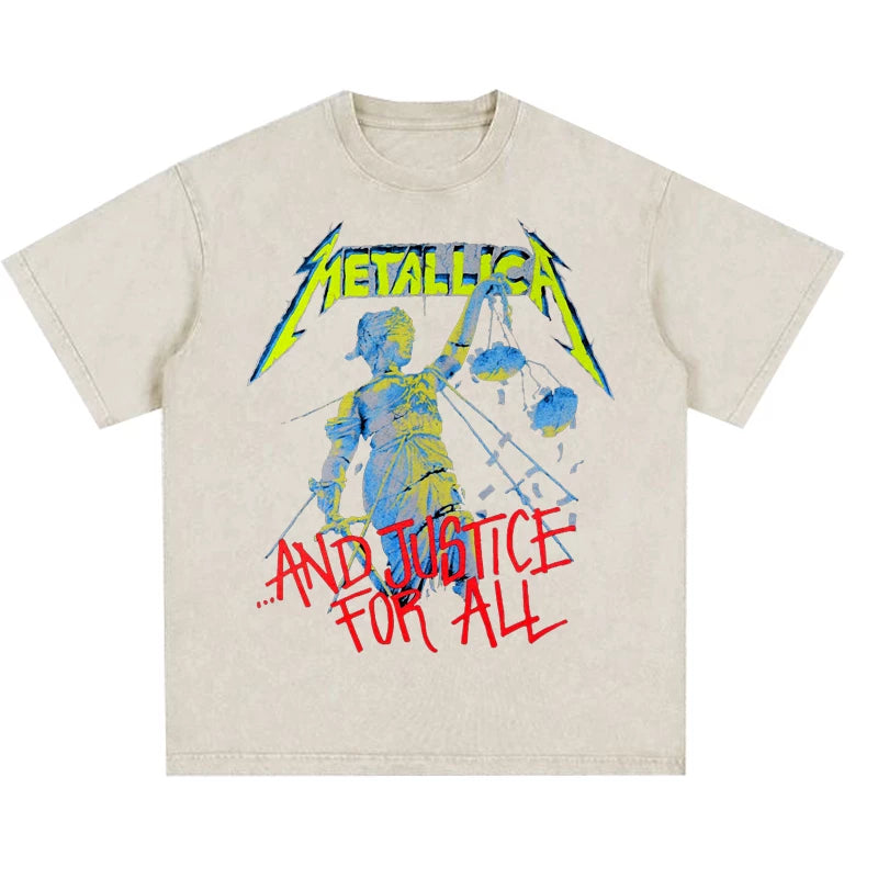 Metallica rock band heavy metal distressed washed American retro wax printed men's loose short sleeved T-shirt (23)