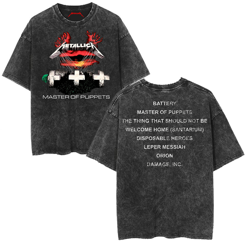 Metallica rock band heavy metal distressed washed American retro wax printed men's loose short sleeved T-shirt (9)