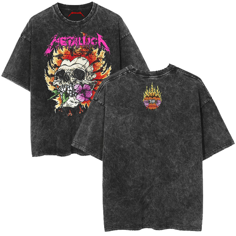 Metallica rock band heavy metal distressed washed American retro wax printed men's loose short sleeved T-shirt (17)