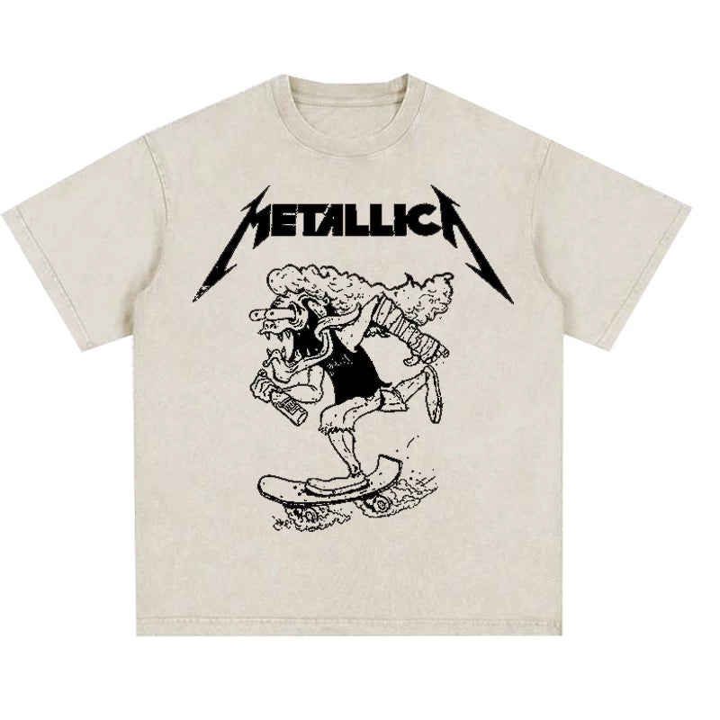 Metallica rock band heavy metal distressed washed American retro wax printed men's loose short sleeved T-shirt (24)