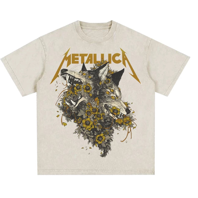 Metallica rock band heavy metal distressed washed American retro wax printed men's loose short sleeved T-shirt (26)