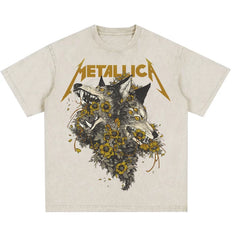 Metallica rock band heavy metal distressed washed American retro wax printed men's loose short sleeved T-shirt (26)