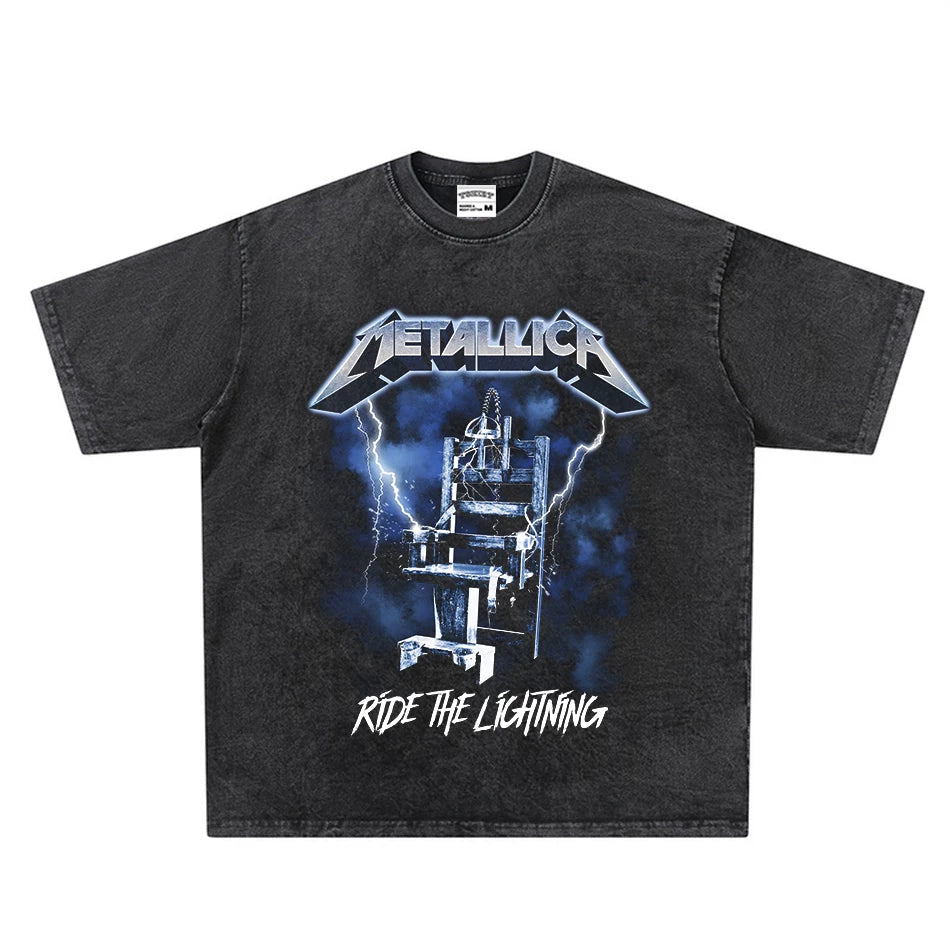 Metallica Band Rock T-shirt Heavy Metal Lightning Print Heavy Cotton Washed Old High Street Trendy Loose