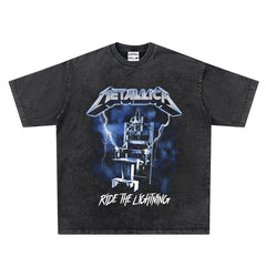 Metallica Band Rock T-shirt Heavy Metal Lightning Print Heavy Cotton Washed Old High Street Trendy Loose
