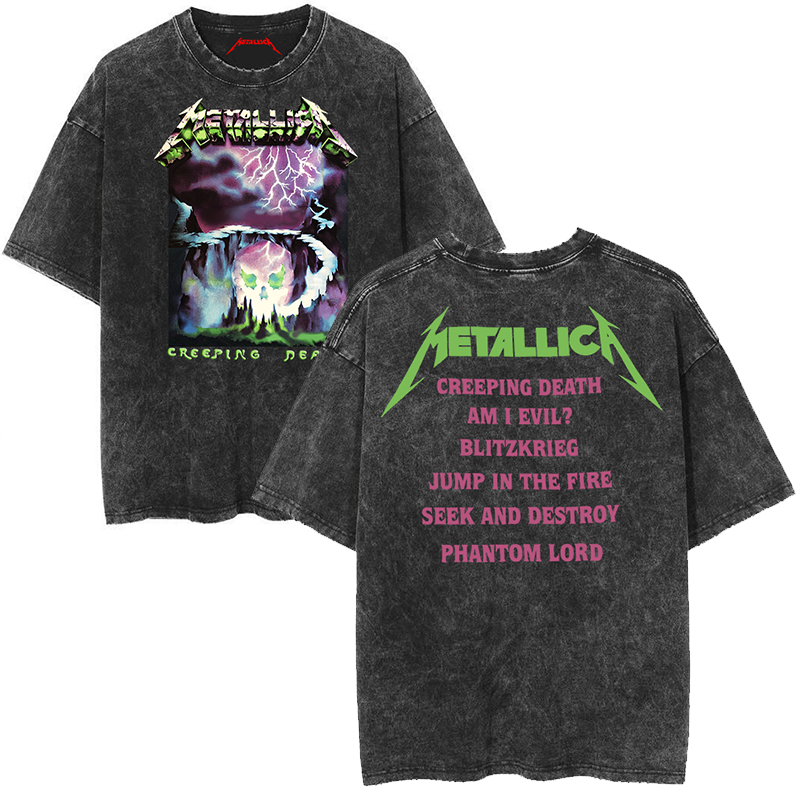Metallica rock band heavy metal distressed washed American retro wax printed men's loose short sleeved T-shirt (11)