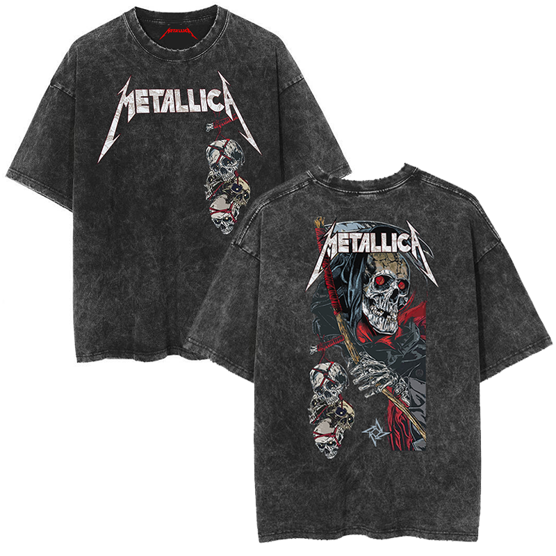 Metallica rock band heavy metal distressed washed American retro wax printed men's loose short sleeved T-shirt (14)